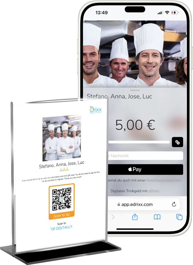 A display with a qr code and a phone with a payment request